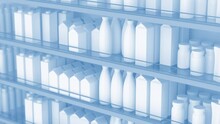 Shelves With Products In A Grocery Store. Shopping In Supermarket. Shelves And Showcases In The Trading Floor Of The Supermarket. Blue Stylization. Camera Movement Along. 3d Animation