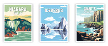 Nigara Falls, Icebergs, Giant's Causeway Illustration Art. Travel Poster Wall Art. Minimalist Vector Art.