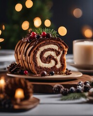 Wall Mural - Yule Log cake, white stone background with lights and decorative

