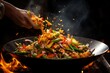 Photo of a chef's hands tossing stir-fry in a wok. Generative AI