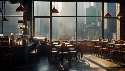 Spacious and stylish empty modern cafe restaurant with large panoramic windows overlooking cityscape