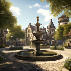 Poster - A peaceful village square with a historic fountain.