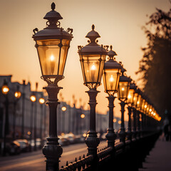 Canvas Print - A row of antique street lamps casting warm light