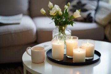 Wall Mural - white candles on the coffee table in the living room. 