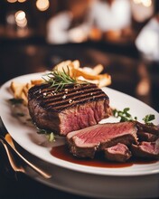 Perfectly Grilled Steak On White Plate  At Luxury Restaurant, Bright Background

