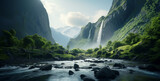 Fototapeta Natura - nature landscape with waterfall and green mountain, landscape with mountains and lake, waterfall in the mountains