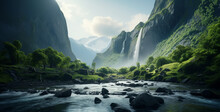 Nature Landscape With Waterfall And Green Mountain, Landscape With Mountains And Lake, Waterfall In The Mountains