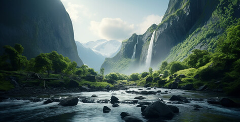 nature landscape with waterfall and green mountain, landscape with mountains and lake, waterfall in 