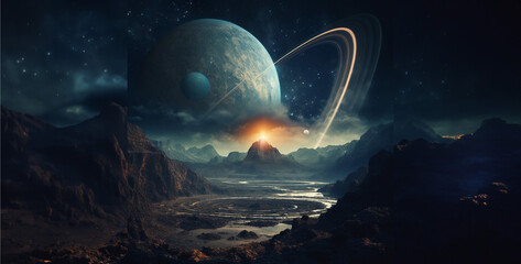 Wall Mural - an awe-inspiring cinematic shot of a view of a planet, spaceship and planet, spaceship and earth