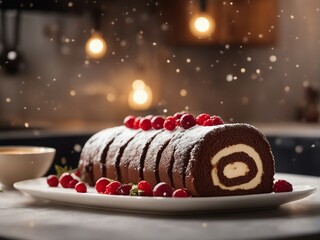 Wall Mural - home made Yule Log cake, bright decorative kitchen background

