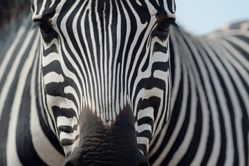 Poster - A detailed close-up view of a zebra's face. Perfect for nature enthusiasts and animal lovers