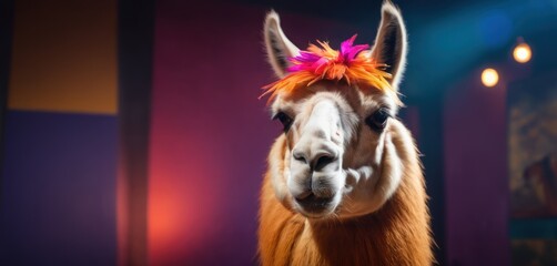 Poster -  a close up of a llama's face with a pink and orange mohawk on it's head.