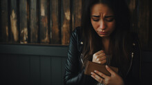 Sad and scared crying woman holding her wallet 