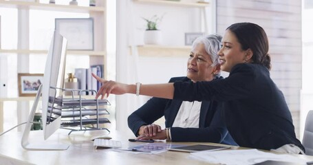 Canvas Print - Businesswomen, communication or computer at desk in office together or planning with internet research in startup. Mature person, employee and collaboration at pc with technology, online and meeting