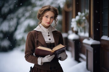 Portrait of elegant woman wearing vintage coat on winter snowy park. Girl walking in snowfall. Portrait in retro style. Preppy fashion