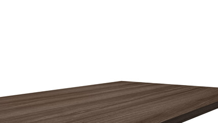 Wall Mural - dark brown walnut wooden table corner at foreground used as product displayed isolated on background with clipping path. perspective view of wood table showing edge of table.