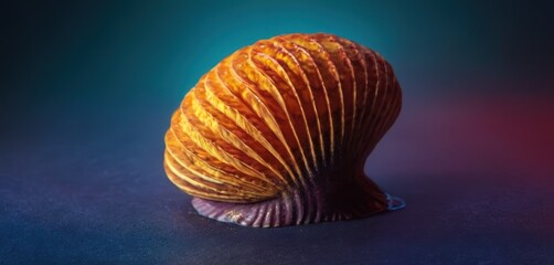  a close up of a seashell on a blue surface with a red and yellow stripe on the bottom of the shell.