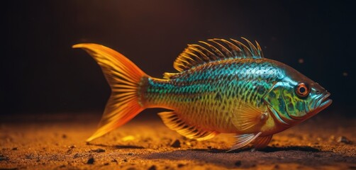 Sticker -  a close up of a blue and yellow fish on a sandy ground in a dark room with a black background.