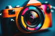 A close-up view of a camera with a vibrant and colorful lens. This versatile image can be used in various projects and designs