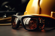 A hard hat and safety glasses placed on a table. Ideal for construction and industrial safety concepts