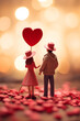 Valentine's Day card. Toy figures of man and woman, couple, with heart on blurred background with beautiful lights and bokeh.