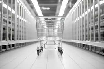 A shopping cart sitting in the middle of a hallway. This image can be used to depict abandoned or misplaced items in unexpected places