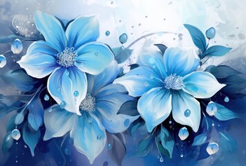  a painting of two blue flowers on a blue and white background with drops of water on the petals of the flowers.