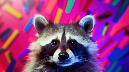 Wall Mural -  a raccoon looking at the camera in front of a multicolored background of squares and rectangles.