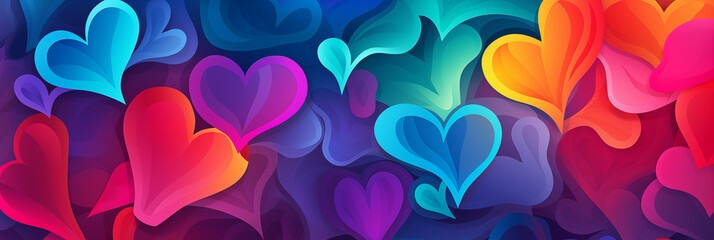 Wall Mural - Colorful hearts background banner. Valentine's Day. Panoramic web header with copy space. Wide screen wallpaper.