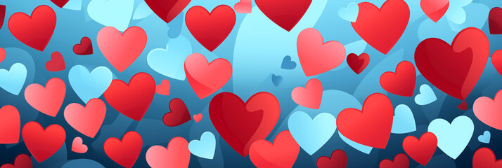 Wall Mural - Blue and red hearts pattern background banner. Valentine's Day. Panoramic web header with copy space. Wide screen wallpaper.