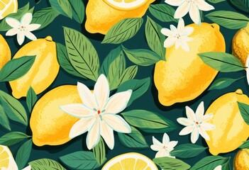 Wall Mural -  a group of lemons with leaves and flowers on a green background with leaves and flowers on the bottom half of the image.