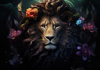 Poster -  a close up of a lion with a flower on its head and flowers in its mane, on a dark background.