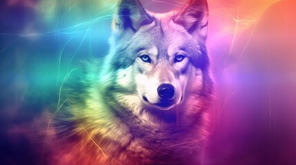 Canvas Print -  a close up of a wolf's face with a multicolored background and a blurry image of the wolf's head.