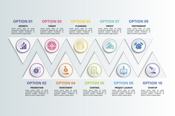 Infographics with Start Up theme icons, 10 steps. Such as growth, promotion, target, investment and more.