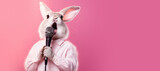 Fototapeta  - Easter Bunny Singing Karaoke with a Microphone