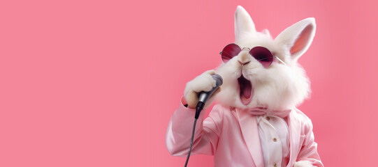 Wall Mural - Easter Bunny Singing Karaoke with a Microphone