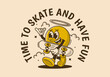 Time to skate and have fun. Walking ball head character holding a skate board