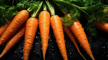 Bunch Of Wet Carrots On A Black Background. Banner Concept For Grocery Store.
