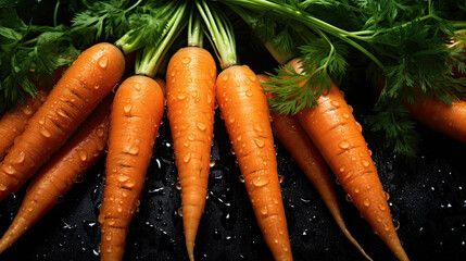 Wall Mural - Bunch of wet carrots on a black background. Banner concept for grocery store.