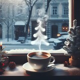 Fototapeta Pokój dzieciecy - A cozy illustration of a cup of hot beverage on the windowsill, outside the window a winter cityscape