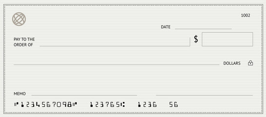 empty money cheque. bank check. grey check book template with pattern and blank fields. currency pay