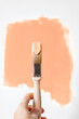Process of choosing paint for the walls during house renovation, peach fuzz color and brush in paint, color of the year 2024