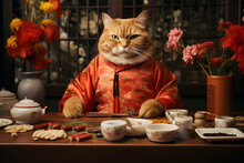 A Contemplative Cat In Traditional Attire Enjoys A Serene Tea Time, Embodying A Blend Of Culture And Relaxation.