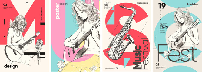 Wall Mural - The girl plays the guitar. Simple pencil drawing. Set of vector illustrations.Typographic poster design and vectorized illustrations on background.