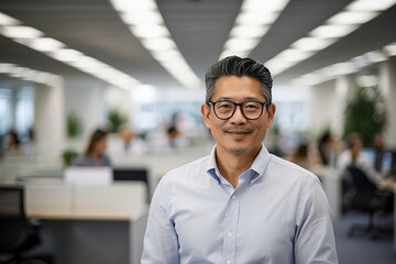 Portrait of a confident Asian businessman standing in an office, with coworkers in the background