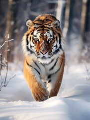 Wall Mural - Tiger in wild winter nature. Amur tiger running in the snow.