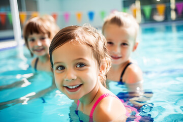 Diverse young children enjoying swimming lessons in pool, learning water safety skills, showing joy and camaraderie, representing a healthy lifestyle.	