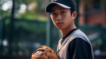 Handsome Japanese highschooler playing baseball on a field