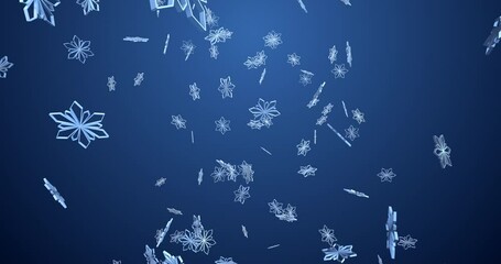 Wall Mural - falling swirling abstract snowflakes on blue background. 3d models of snowflakes. seamless looping a