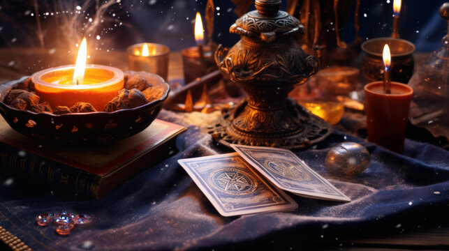 Mystical Tarot Cards and Candles on Christmas Eve. Fortune telling for the New Year